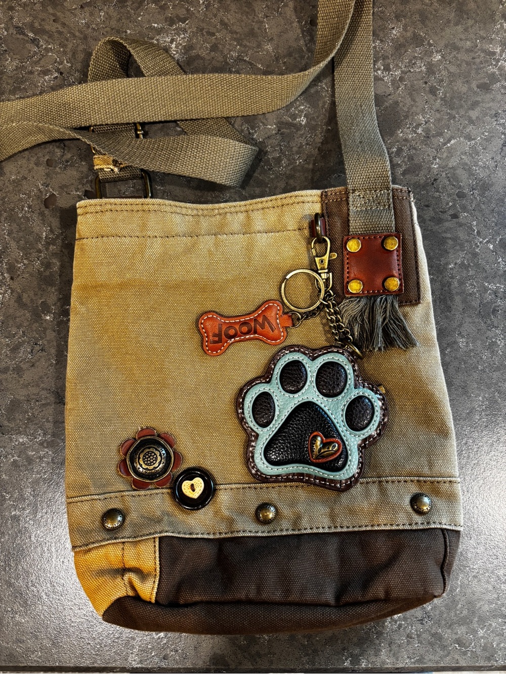 Chala Canvas Bag with Paw Charm - Khaki, Brown, Army Green